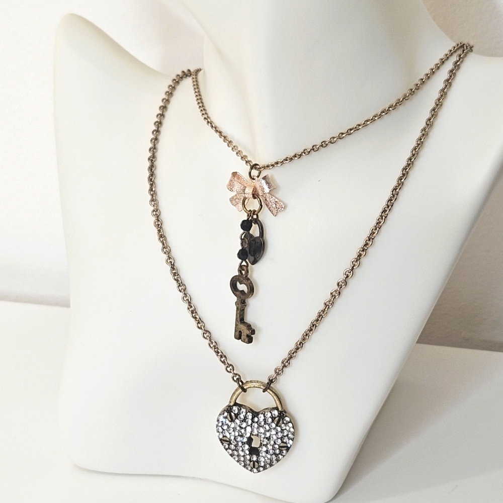 Betsy Johnson crystal heart with lock and key necklace, double strand